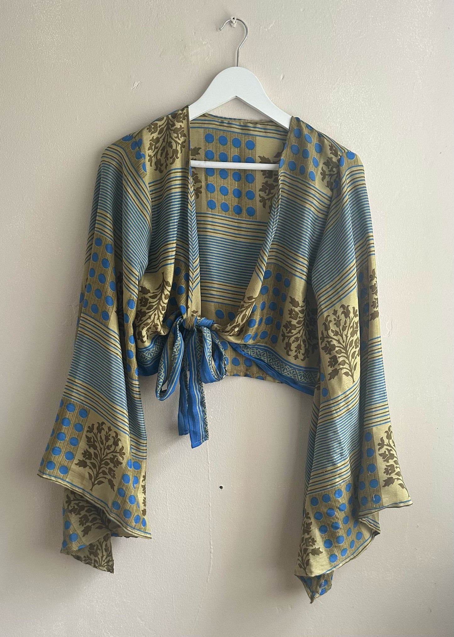 Blue and Cream Sari Wrap Top