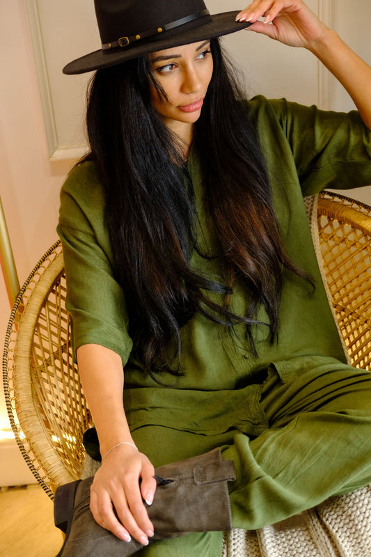 Green linen matching top and trousers