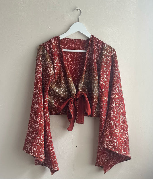 Red and White Sari Wrap Top