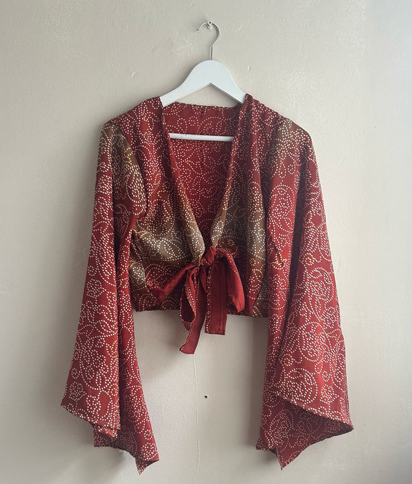 Red and White Sari Wrap Top