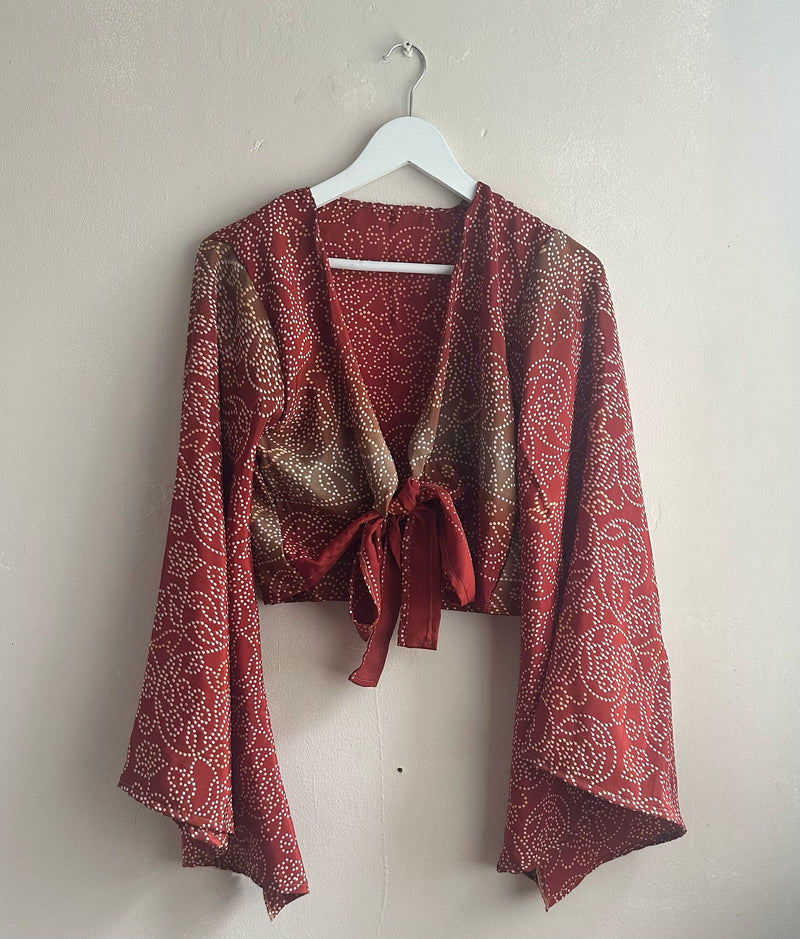 Red and White Sari Wrap Top