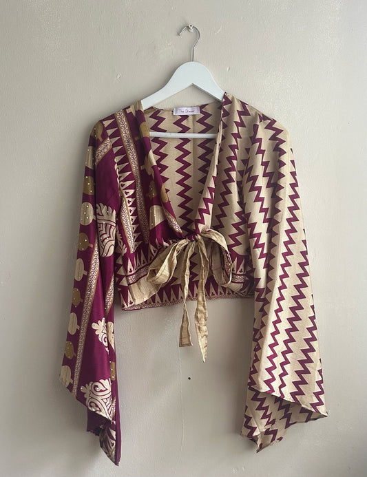 Magenta and Cream Sari Wrap Top